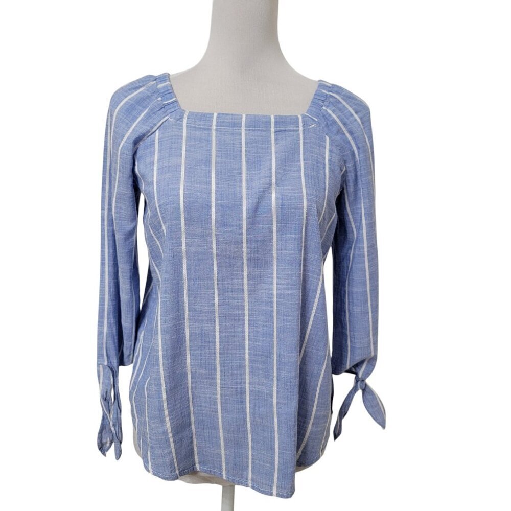 Liz Claiborne Size PS Blue & White Striped Square Neck Tie Sleeve Blouse, NEW